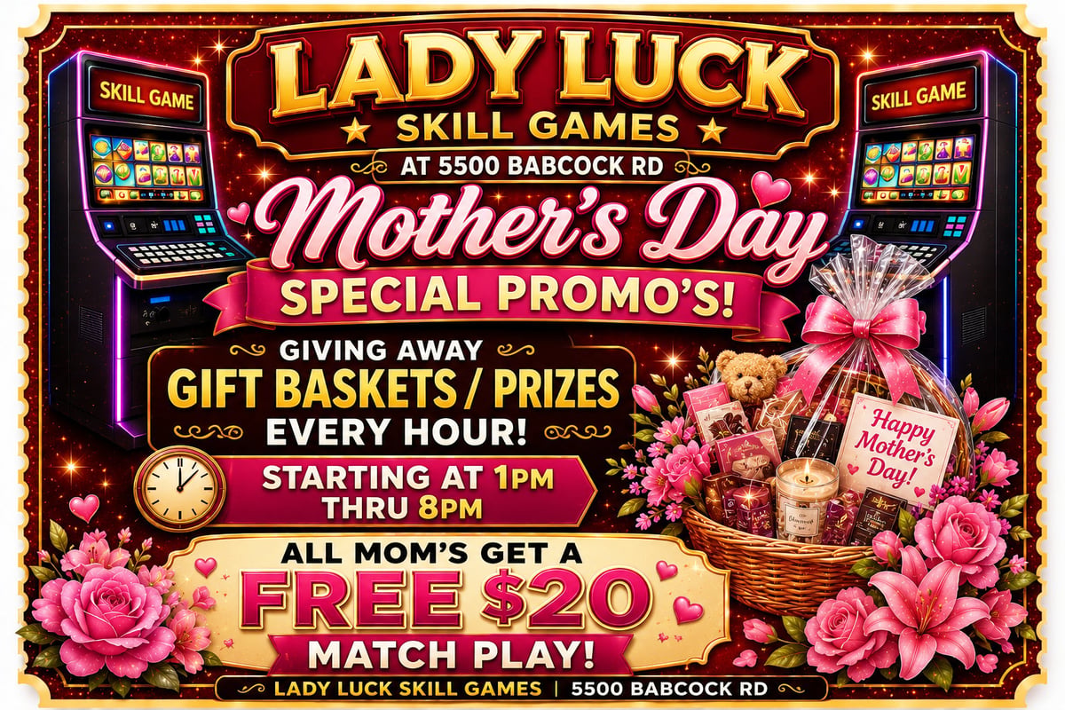 Lady Luck Skill Games Mothers Day Special Promo advertisement featuring gift baskets and prizes with pink flowers and ornate gold border
